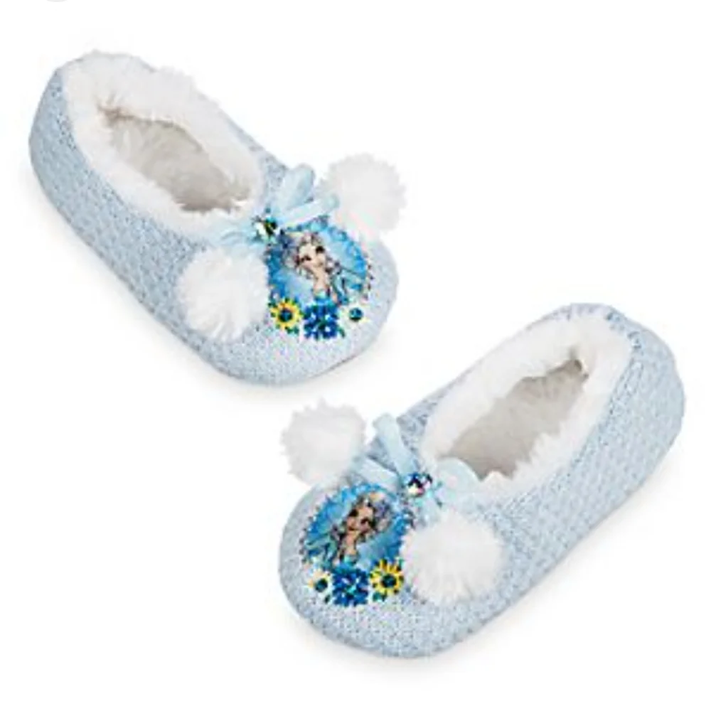 LIKE NEW The Disney Store Girls Blue Knit Frozen Elsa Slippers Size 2/3